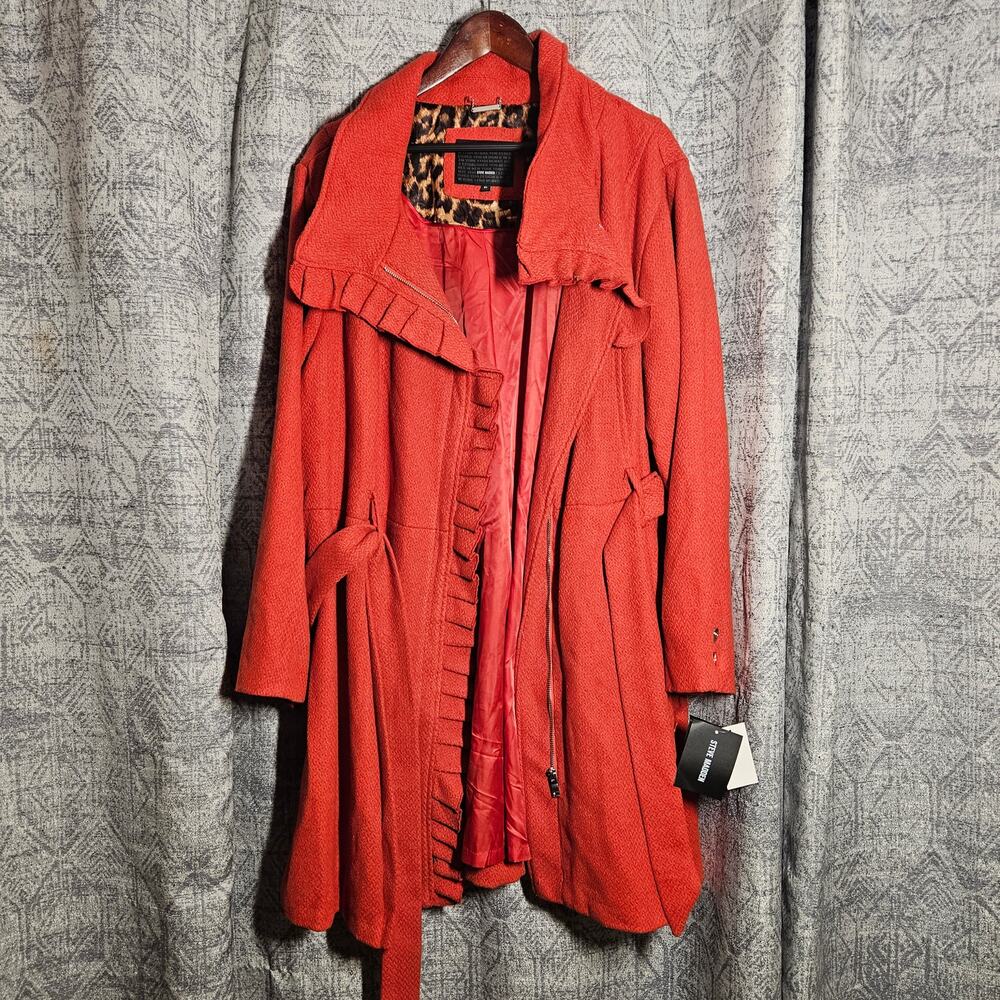 Steve Madden 2X Cherry Red Ruffle Collar Belted Coat Leopard Lining NWT